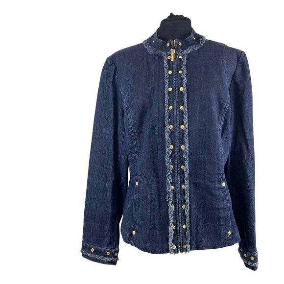 VTG St John Sport Classic Chic Preppy Denim Jacket Frayed Trim & Gold Details L - Picture 12 of 16